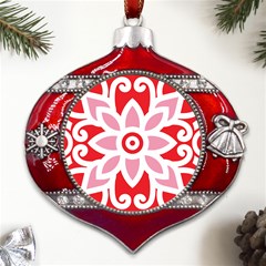 A Red And White Pattern With A Flower On It Metal Snowflake And Bell Red Ornament by catchydesignhill