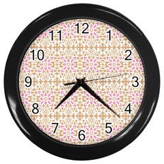 A Pink And White Flower Pattern On A Brown Background Wall Clock (black) by catchydesignhill