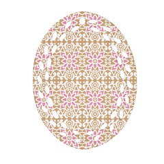 A Pink And White Flower Pattern On A Brown Background Oval Filigree Ornament (two Sides)