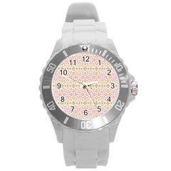 A Pink And White Flower Pattern On A Brown Background Round Plastic Sport Watch (l) by catchydesignhill