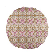 A Pink And White Flower Pattern On A Brown Background Standard 15  Premium Round Cushions by catchydesignhill