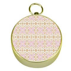 A Pink And White Flower Pattern On A Brown Background Gold Compasses by catchydesignhill