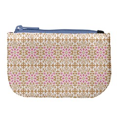 A Pink And White Flower Pattern On A Brown Background Large Coin Purse by catchydesignhill