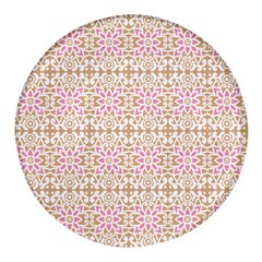 A Pink And White Flower Pattern On A Brown Background Round Glass Fridge Magnet (4 Pack) by catchydesignhill