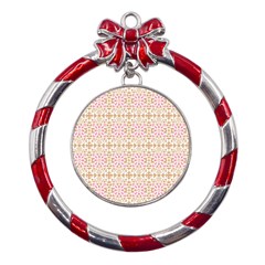 A Pink And White Flower Pattern On A Brown Background Metal Red Ribbon Round Ornament by catchydesignhill