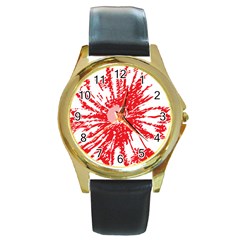 A Drawing Of A Red Flower On A White Background Round Gold Metal Watch by catchydesignhill