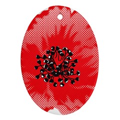 A Red Flower With A Black Center On A Black Background Oval Ornament (two Sides) by catchydesignhill