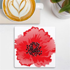 A Red Flower With A Black Center On A Black Background Uv Print Square Tile Coaster  by catchydesignhill