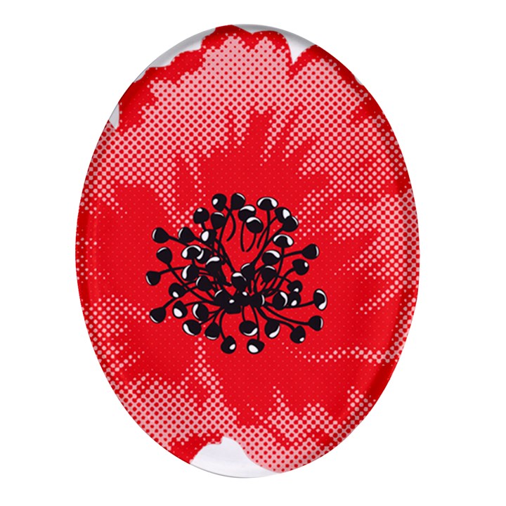 A Red Flower With A Black Center On A Black Background Oval Glass Fridge Magnet (4 pack)