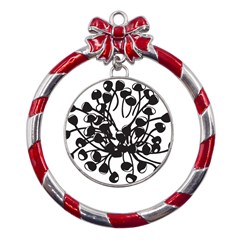 A Black And White Picture Of A Bunch Of Flowers Metal Red Ribbon Round Ornament by catchydesignhill