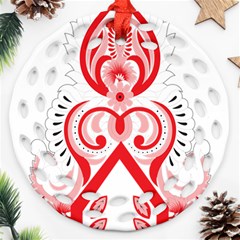 A Red And White Christmas Tree With Red Flowers Ornament (round Filigree)