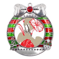 A Design Of A Red Flower On A White Background Metal X mas Ribbon With Red Crystal Round Ornament