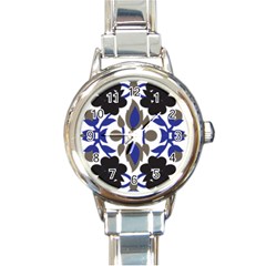 A Design Of A Blue And Black Flower Round Italian Charm Watch by catchydesignhill