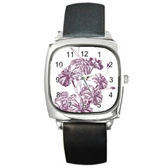 A Drawing Of A Plant With Purple Flowers Square Metal Watch by catchydesignhill