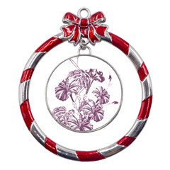 A Drawing Of A Plant With Purple Flowers Metal Red Ribbon Round Ornament