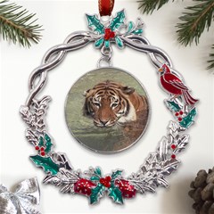 Swimming Tiger Metal X mas Wreath Holly Leaf Ornament