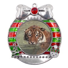 Swimming Tiger Metal X mas Ribbon With Red Crystal Round Ornament