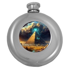 Mystic Blue Pyramid Art Round Hip Flask (5 Oz) by ExtraGoodSauce