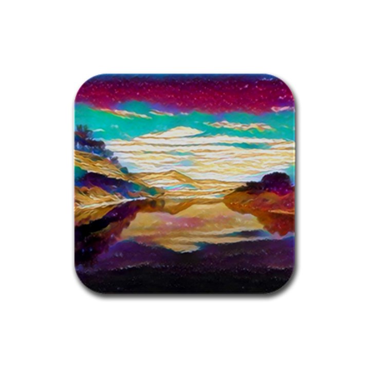 Vibrant Sunset Over Serene Lake Rubber Square Coaster (4 pack)