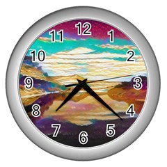 Vibrant Sunset Over Serene Lake Wall Clock (silver) by ExtraGoodSauce