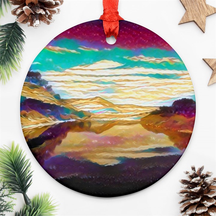 Vibrant Sunset Over Serene Lake Round Ornament (Two Sides)