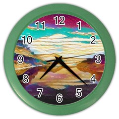 Vibrant Sunset Over Serene Lake Color Wall Clock by ExtraGoodSauce