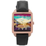 Vibrant Sunset Over Serene Lake Rose Gold Leather Watch  Front