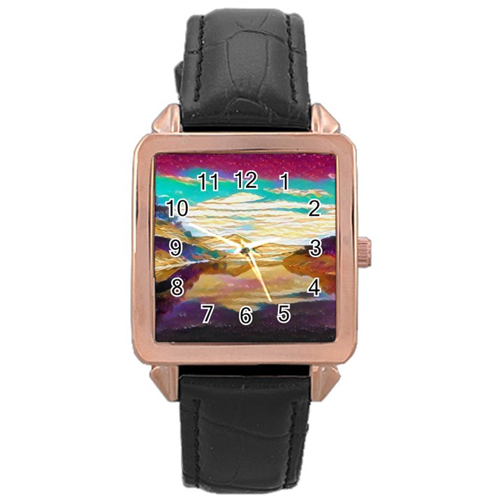 Vibrant Sunset Over Serene Lake Rose Gold Leather Watch 