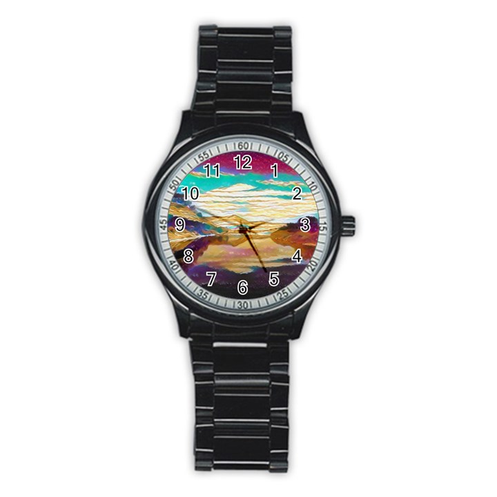 Vibrant Sunset Over Serene Lake Stainless Steel Round Watch