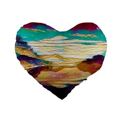 Vibrant Sunset Over Serene Lake Standard 16  Premium Flano Heart Shape Cushions by ExtraGoodSauce