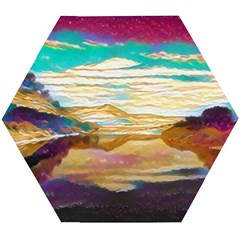 Vibrant Sunset Over Serene Lake Wooden Puzzle Hexagon by ExtraGoodSauce