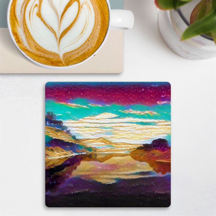 Vibrant Sunset Over Serene Lake UV Print Square Tile Coaster 