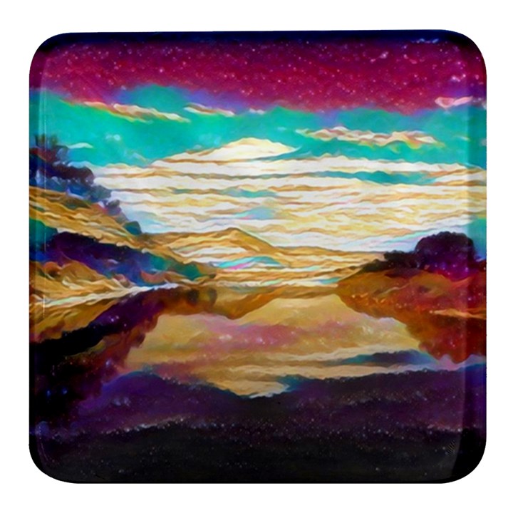 Vibrant Sunset Over Serene Lake Square Glass Fridge Magnet (4 pack)