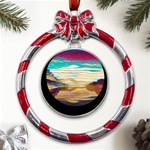 Vibrant Sunset Over Serene Lake Metal Red Ribbon Round Ornament Front