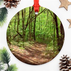 Peaceful Green Forest Walk Round Ornament (two Sides) by ExtraGoodSauce