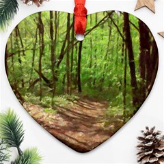 Peaceful Green Forest Walk Heart Ornament (two Sides) by ExtraGoodSauce