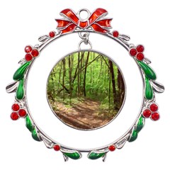 Peaceful Green Forest Walk Metal X mas Wreath Ribbon Ornament by ExtraGoodSauce