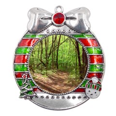 Peaceful Green Forest Walk Metal X mas Ribbon With Red Crystal Round Ornament by ExtraGoodSauce