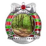 Peaceful Green Forest Walk Metal X Mas Ribbon With Red Crystal Round Ornament Front