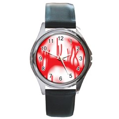 A Red And White Photo Of A Cactus Round Metal Watch by catchydesignhill