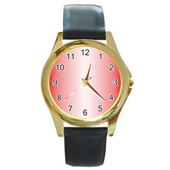 A Red And White Background With Small White Dots Round Gold Metal Watch by catchydesignhill