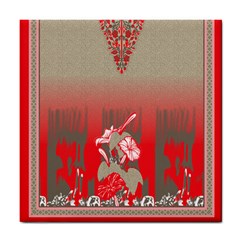 A Red And Beige Scarf With A Picture Of A Woman Holding A Tennis Racket Tile Coaster by catchydesignhill