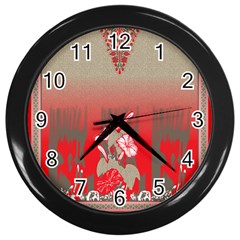 A Red And Beige Scarf With A Picture Of A Woman Holding A Tennis Racket Wall Clock (black) by catchydesignhill