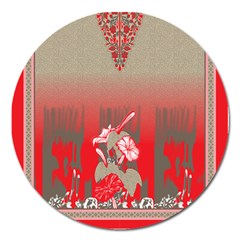 A Red And Beige Scarf With A Picture Of A Woman Holding A Tennis Racket Magnet 5  (round) by catchydesignhill