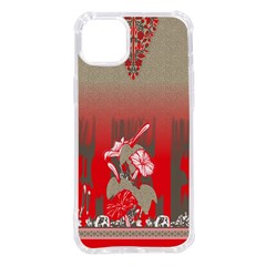 A Red And Beige Scarf With A Picture Of A Woman Holding A Tennis Racket Iphone 14 Plus Tpu Uv Print Case by catchydesignhill