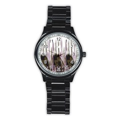 A Black And White Photo Of A Building Stainless Steel Round Watch by catchydesignhill