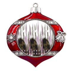 A Black And White Photo Of A Building Metal Snowflake And Bell Red Ornament by catchydesignhill