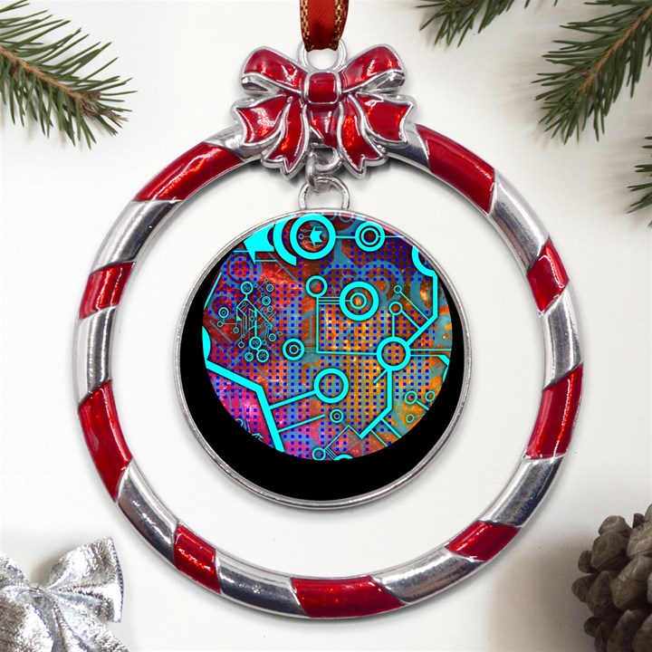 Abstract Tech Galaxy Design Metal Red Ribbon Round Ornament