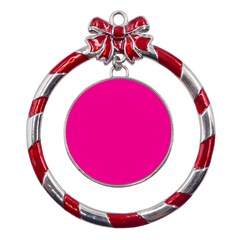 A Pink Background With A Black Border Metal Red Ribbon Round Ornament by catchydesignhill