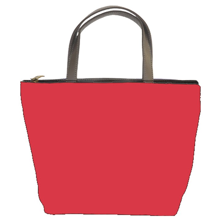 A Red Background With A White Border Bucket Bag